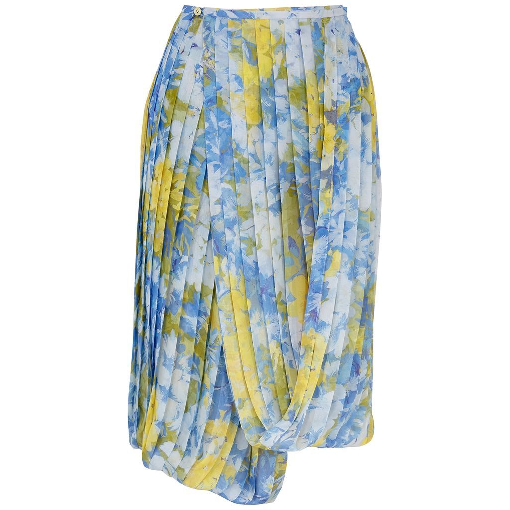 Printed Pleated Chiffon Wrap-effect Skirt - Blue - 8