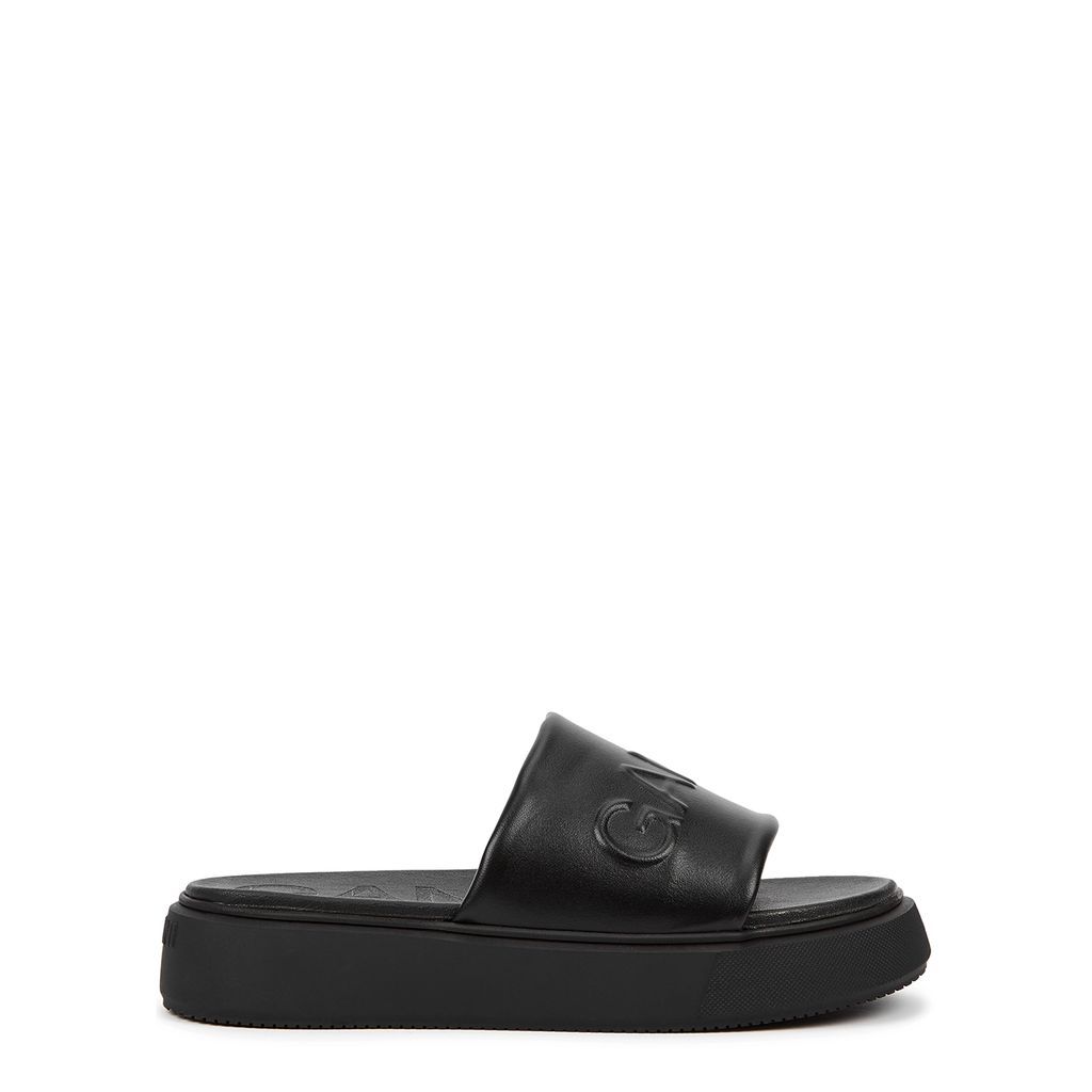 Black Logo Vegan Leather Sliders - 5