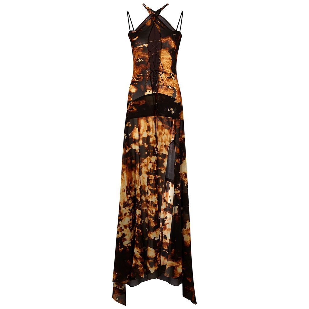 Printed Lace-up Stretch-silk Georgette Gown - Brown - 12