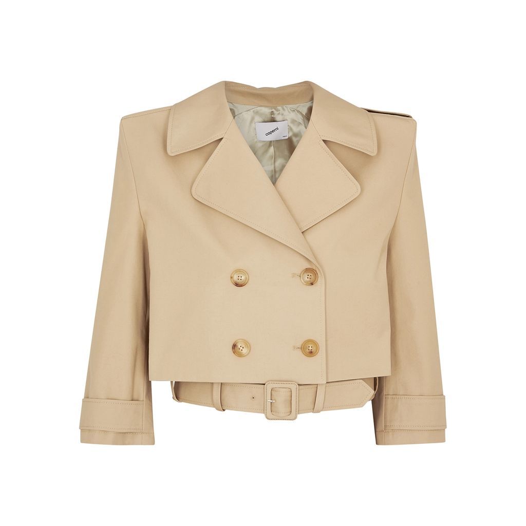 Double-breasted Cropped Cotton-twill Jacket - Beige - 6