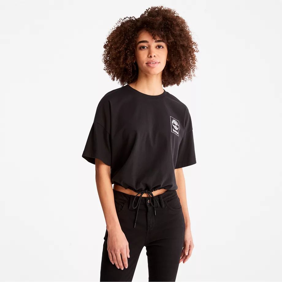 Cropped T-shirt With Drawstring Hem For Women In Black Black, Size S