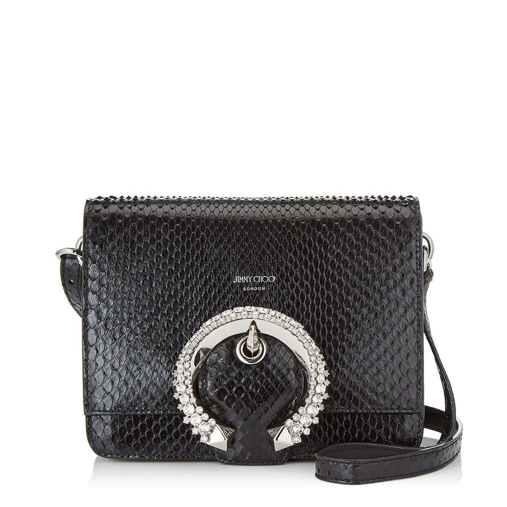 MADELINE SHOULDER BAG Black Shiny Python Shoulder Bag with Crystal Buckle