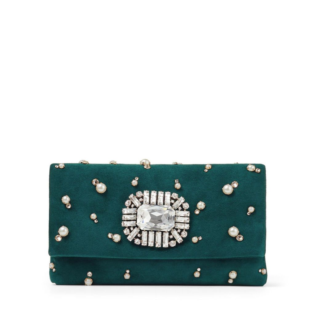 TITANIA Dark Teal Suede Clutch Bag with Crystal and Pearl Embroidery