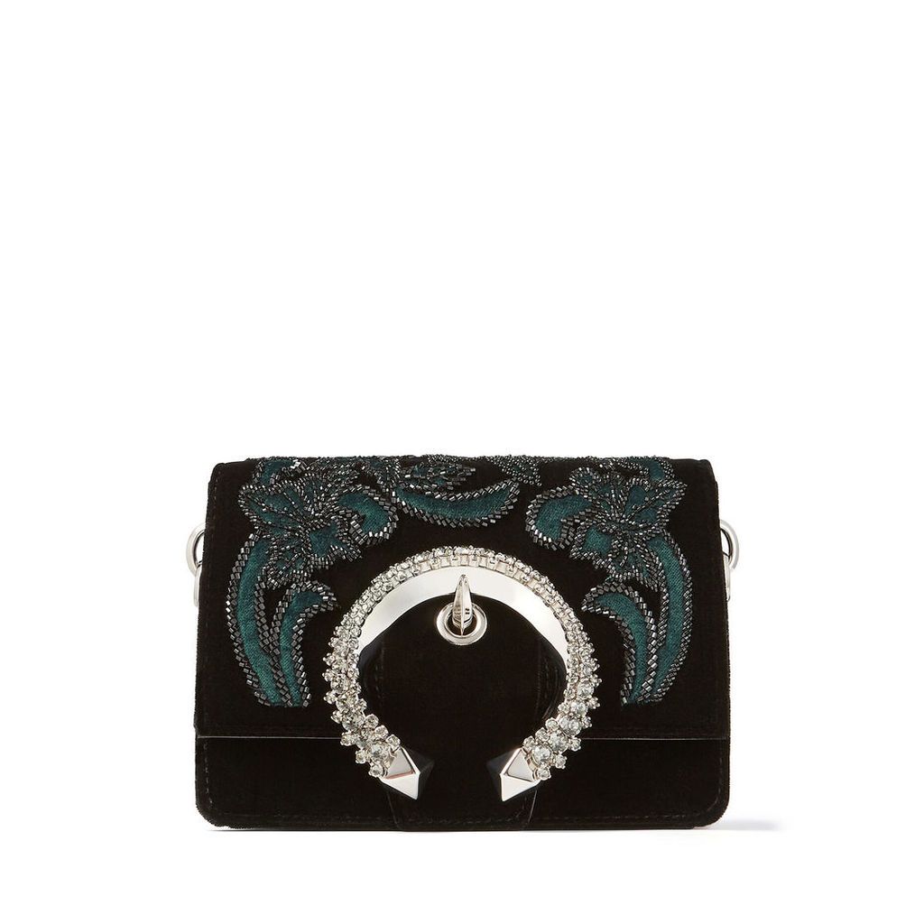 MADELINE SHOULDER/S Black Velvet Shoulder Bag with Floral Bead Embroidery and Crystal Buckle