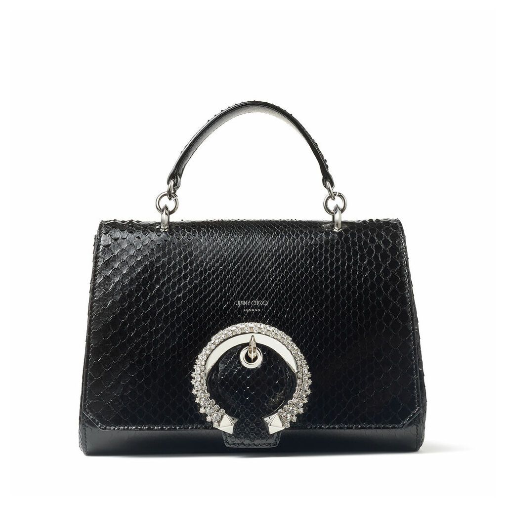 MADELINE TOP HANDLE Black Shiny Python Top Handle Bag with Crystal Buckle