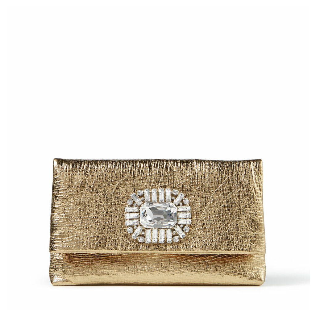 TITANIA Gold Metallic Leather Clutch Bag with Jewelled Centrepiece