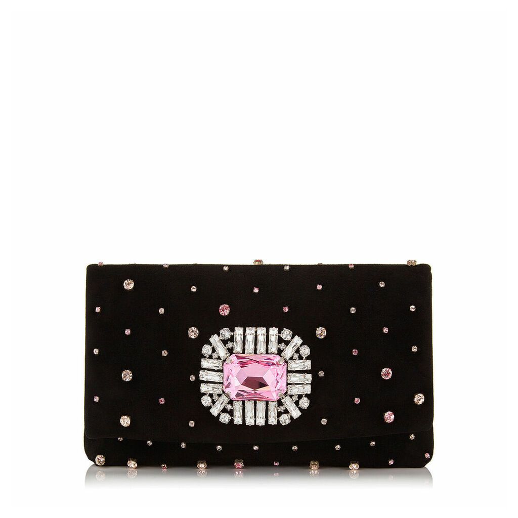 TITANIA Black Suede Clutch Bag with Embroidered Scattered Candyfloss Multi Crystals and Jewelled Centre Piece
