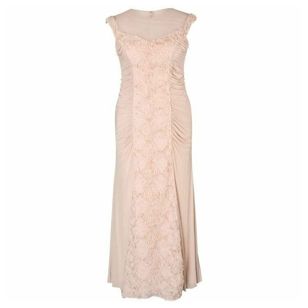 Chesca Floral/Beaded Panel Mesh Long Dress - Champagne
