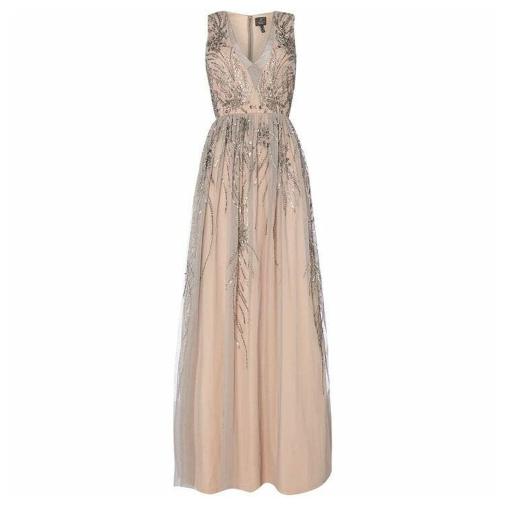 Adrianna Papell V Neck Embroidered Gown