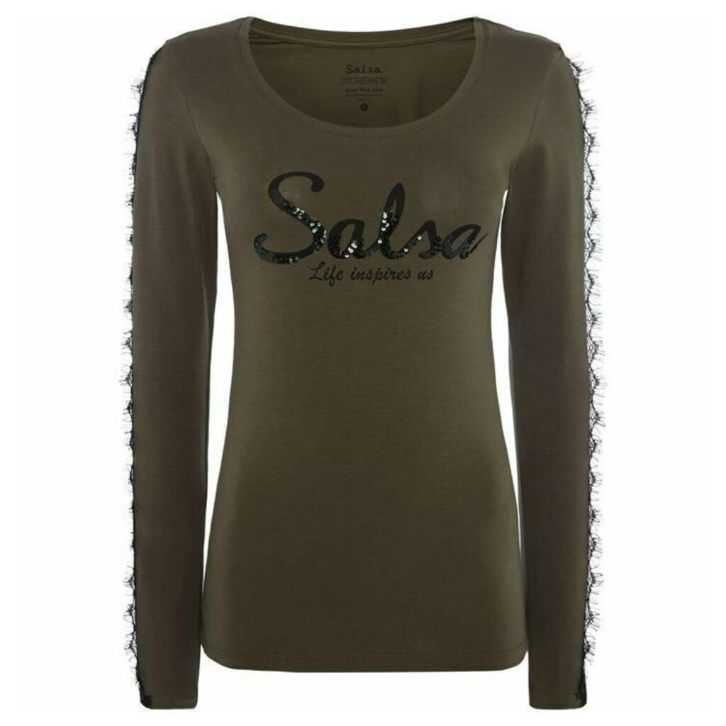 Salsa Long sleeve embellished logo lace sleeve tshirt