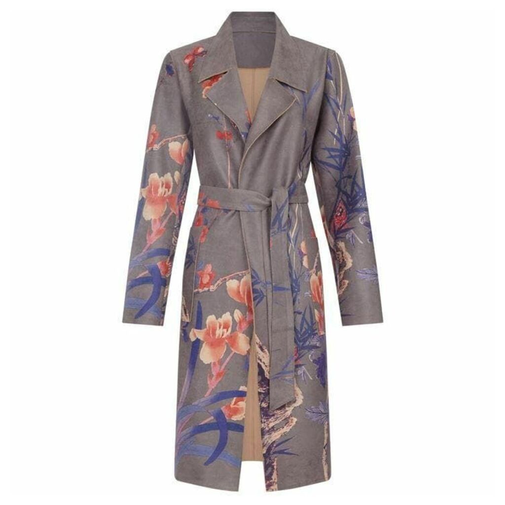 Yumi Structured Floral Wrap Coat - Grey