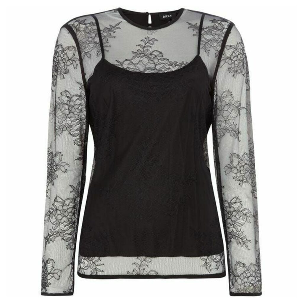 DKNY Long sleeve lace detail top