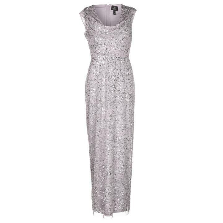 Adrianna Papell Long Beaded Dress - Silver