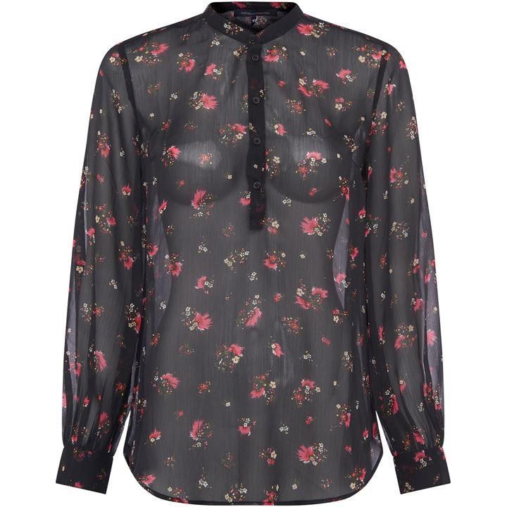 French Connection Alicina Crinkle Stand Collar Blouse - Black Multi