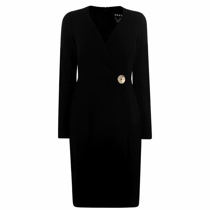 DKNY Long Sleeve Crepe Dress - BLACK