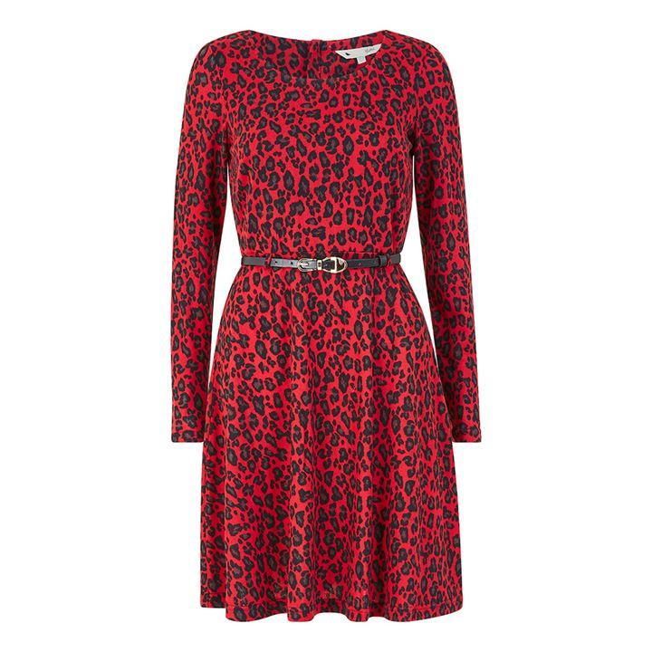 Yumi Red Leopard Print Skater Dress With Belt - Red