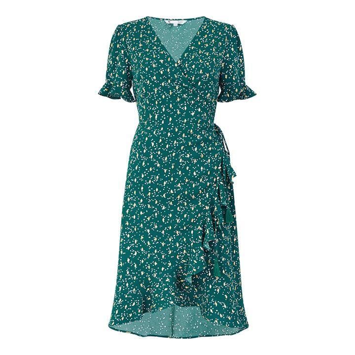 Yumi Green Foil Print Wrap Frill Dress Green - Green