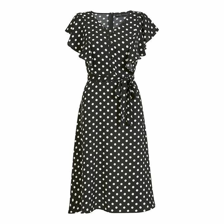 Mela London Black Polka Dot Button Midi Dress - Black