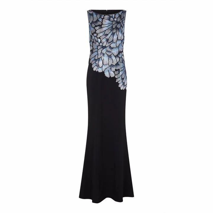 Adrianna Papell Embroidered Crepe Gown - SILVER/BLUE MULTI