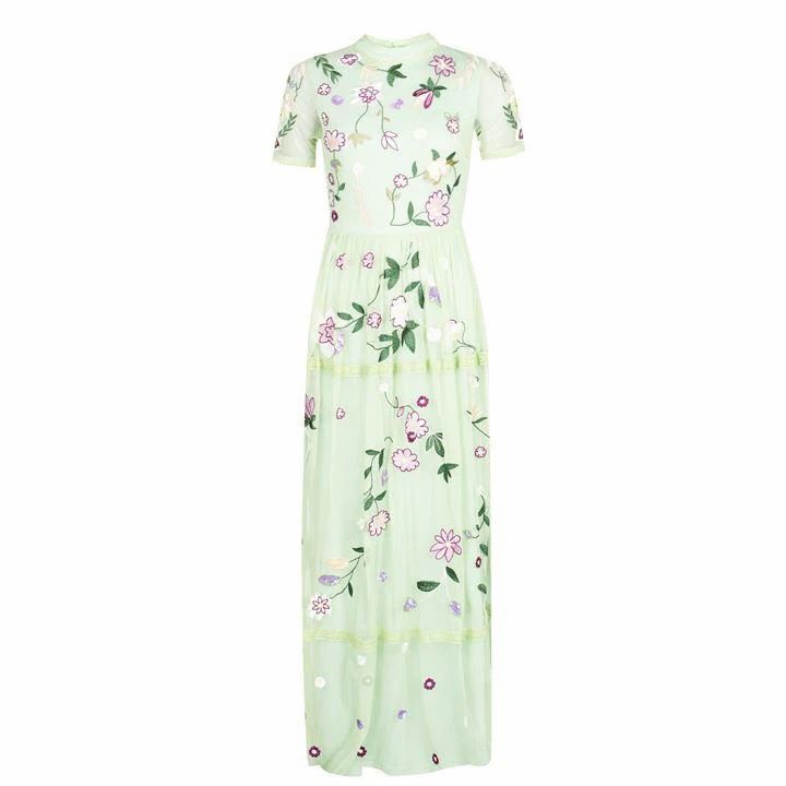 Frock and Frill High Neck Embroidered Maxi Dress - Pink
