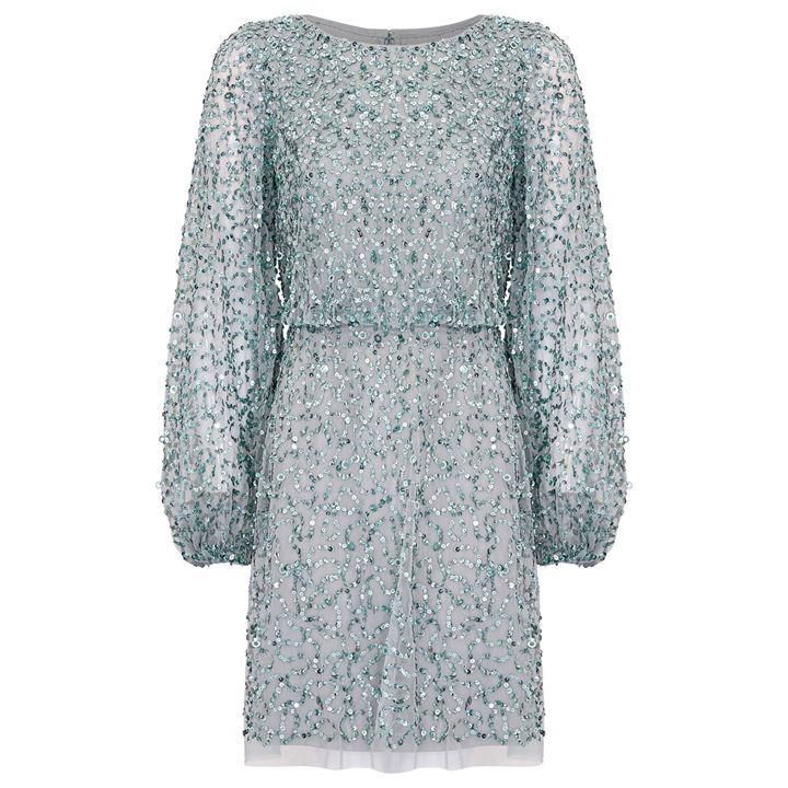 Adrianna Papell Beaded Aline Cocktail Dress - Frosted Sage