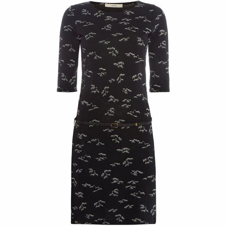Printed crew neck belted dress