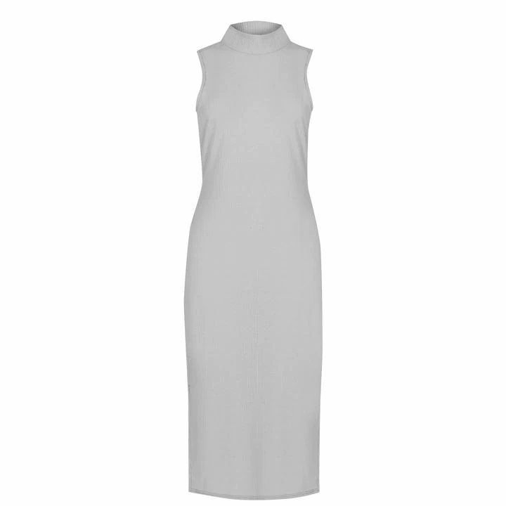 Fabric Brushed Soft Rib Slit Detail Midi Dress - Grey