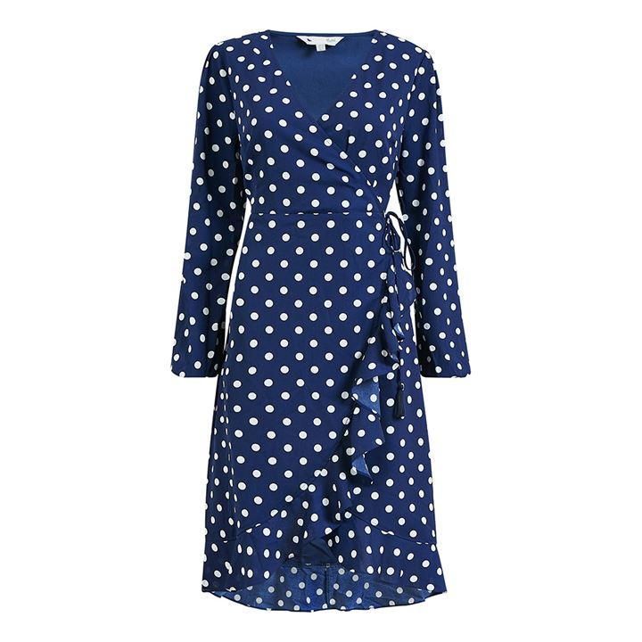Yumi Navy Spot Frill Wrap Dress - Blue