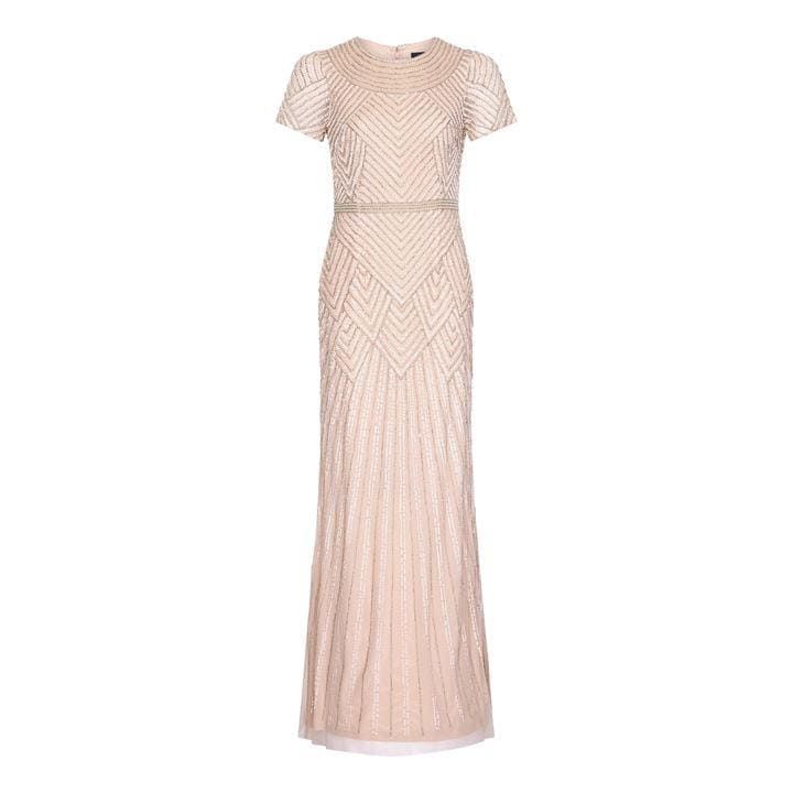 Adrianna Papell Long Beaded Dress - Champagne Sand