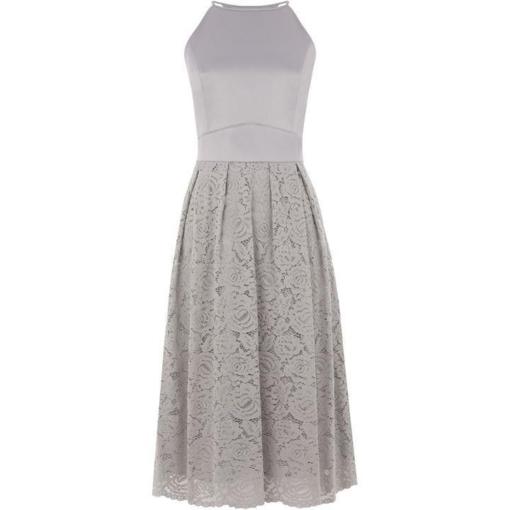 Oasis Satin bodice lace midi dress - Pale Grey