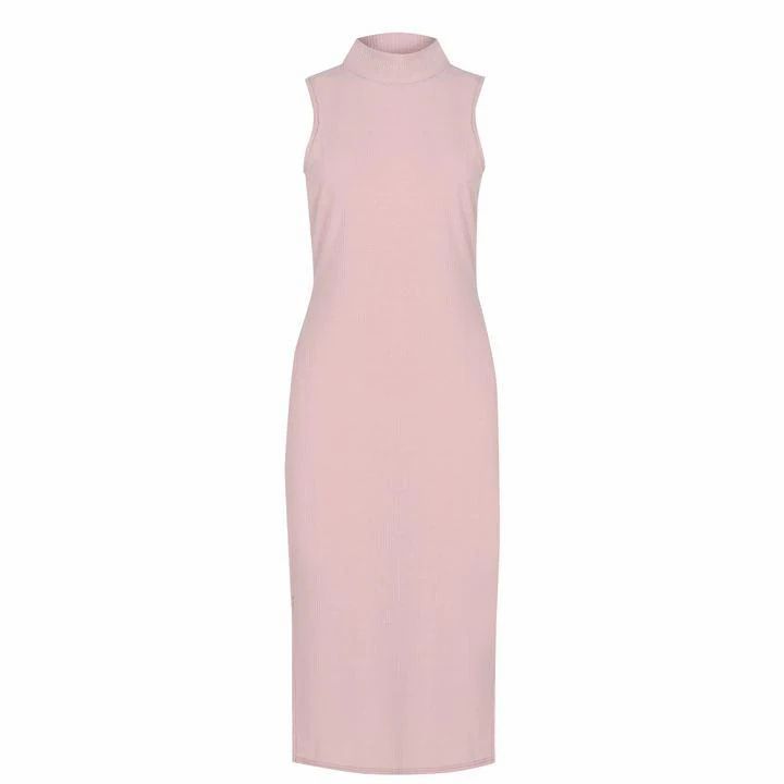 Fabric Brushed Soft Rib Slit Detail Midi Dress - Pink