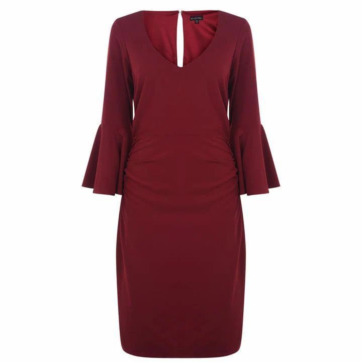 Marina V neck dress with bell sleeves - Red