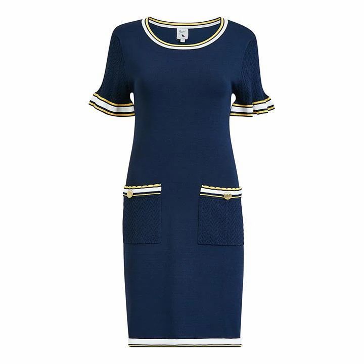 Yumi Navy Knitted Tunic With Fluted Sleeves - Navy