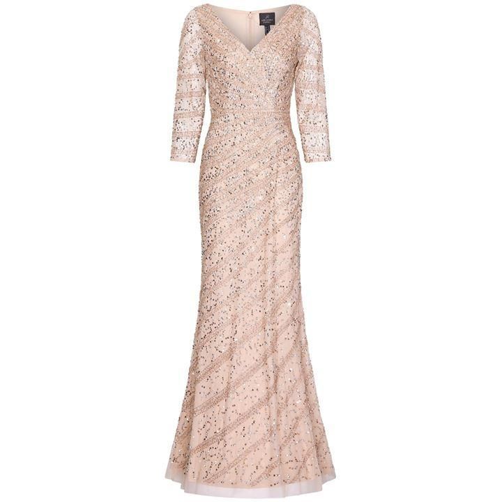 Adrianna Papell Long Beaded Dress - CHAMPAGNE SAND