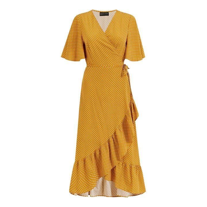 Mela London Mustard Spotted Wrap Midi Dress - Mustard