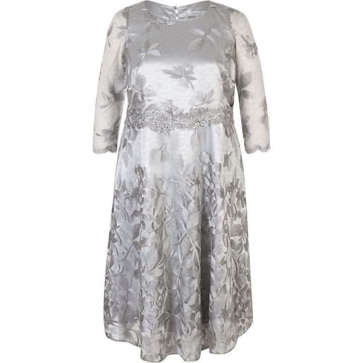 Chesca Embroidered Lace Scallop Trim Dress - Silver