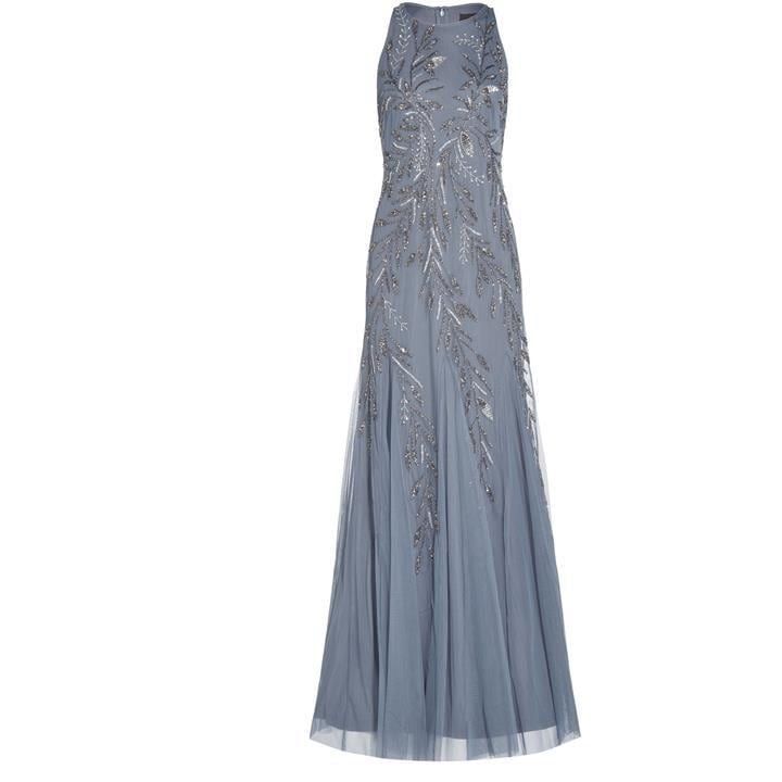 Adrianna Papell Beaded Halter Gown - DUSTY BLUE