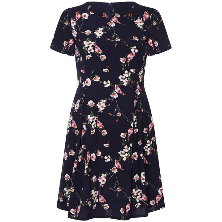 Bird And Floral Printed Skater Dress