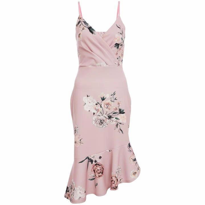 Pink Floral Asymmetric Midi Dress