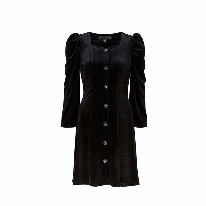Mela London Velvet Puff Sleeve Button Down Dress - Black