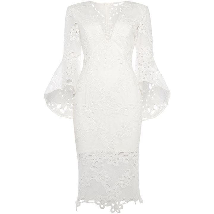 Bardot V neck bell sleeve lace dress - Ivory
