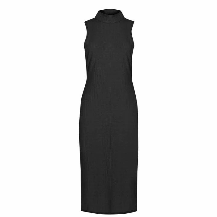 Fabric Brushed Soft Rib Slit Detail Midi Dress - Black