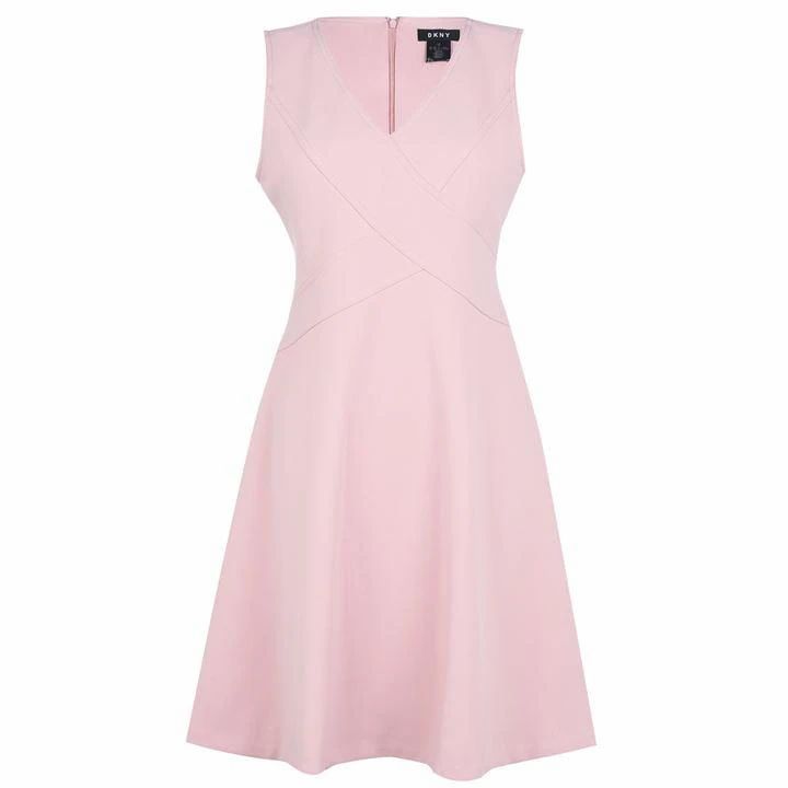 DKNY V Neck Fit Flare Dress - Pink