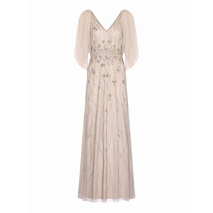 Adrianna Papell Beaded Flutter Sleeve Gown - Biscotti