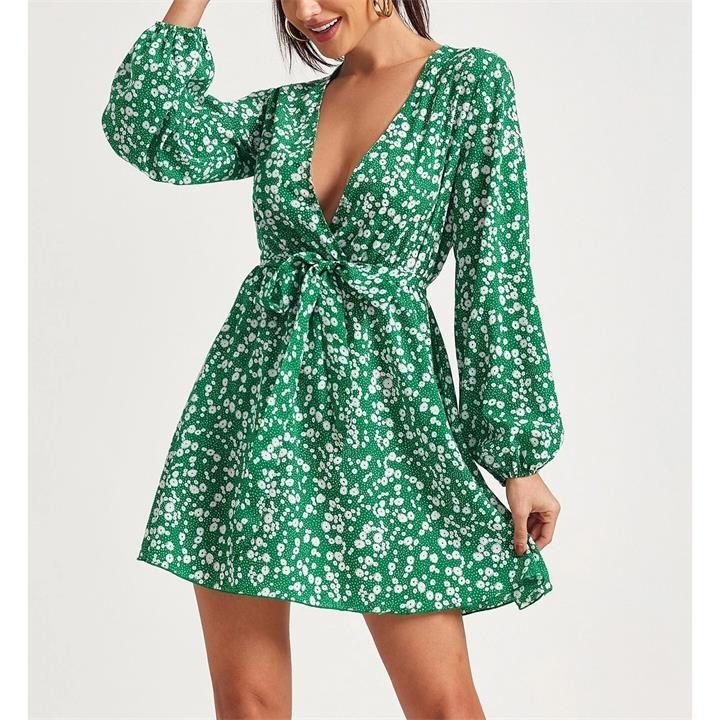 Shorso Self Belted Ditsy Floral Dress - Green