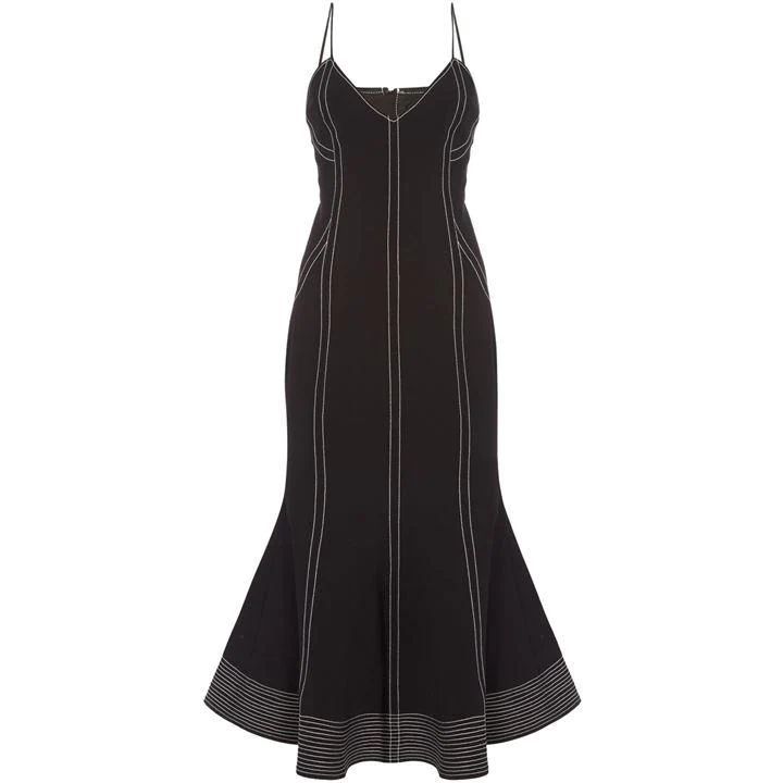 Fitted midi dress with piping and flare hem