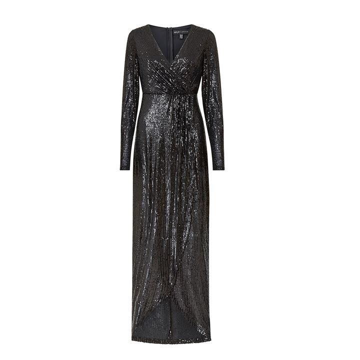 Mela London Sequin Wrap Front Maxi Dress - Black