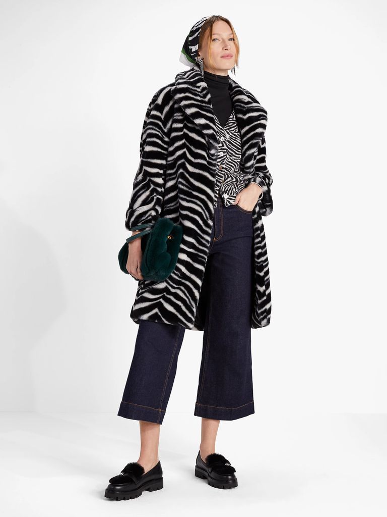 Kate Spade Bold Zebra Faux Fur Coat, Stone Path, M (Uk 12,14)