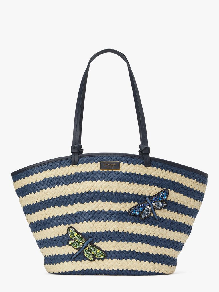 Kate Spade Shore Thing Embellished Striped Straw Large Tote Bag Bag, Blue, One Size