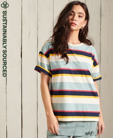 Women's Organic Cotton Cali Boxy T-Shirt Blue / Forever Blue Stripe - Size: 10